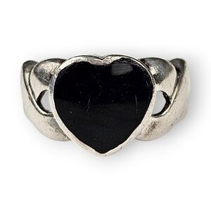 Enamel Heart Sterling Ring Black Open Work 925 Silver Chunky Retro Size 8.5